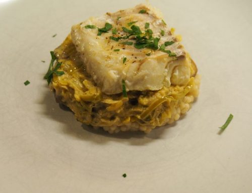 Kabeljauw met parelcouscous en mosterd-prei saus