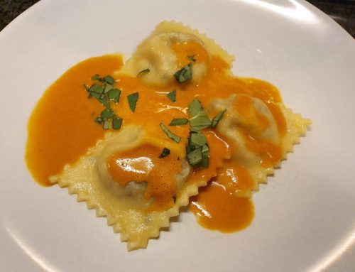 Hollandse garnalen ravioli met kreeftensaus